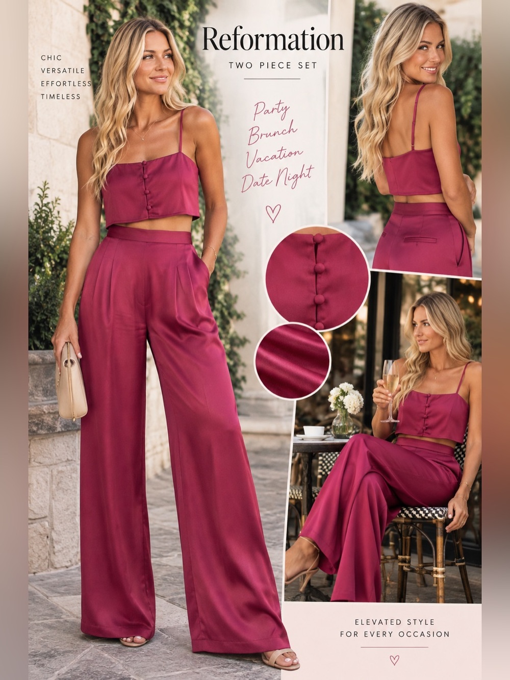 Reformation Two-Piece Satin Set Berry Size 2- Wide Leg Pants + Button Cami Top